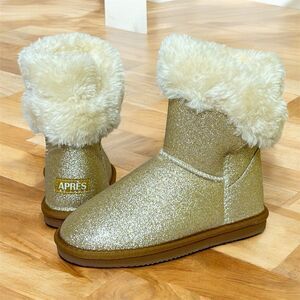 Lamo APRES Youth Winter Boots Girls 2Y Glitter Gold Slip-On Faux Fur Wrap Cuff